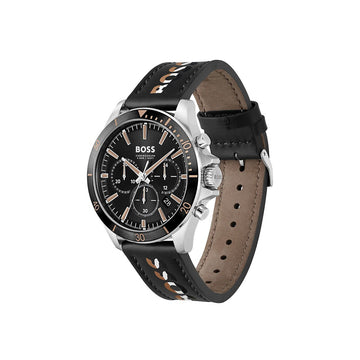 Boss Troper Men's 45mm Quartz Leather Strap Watch - Black