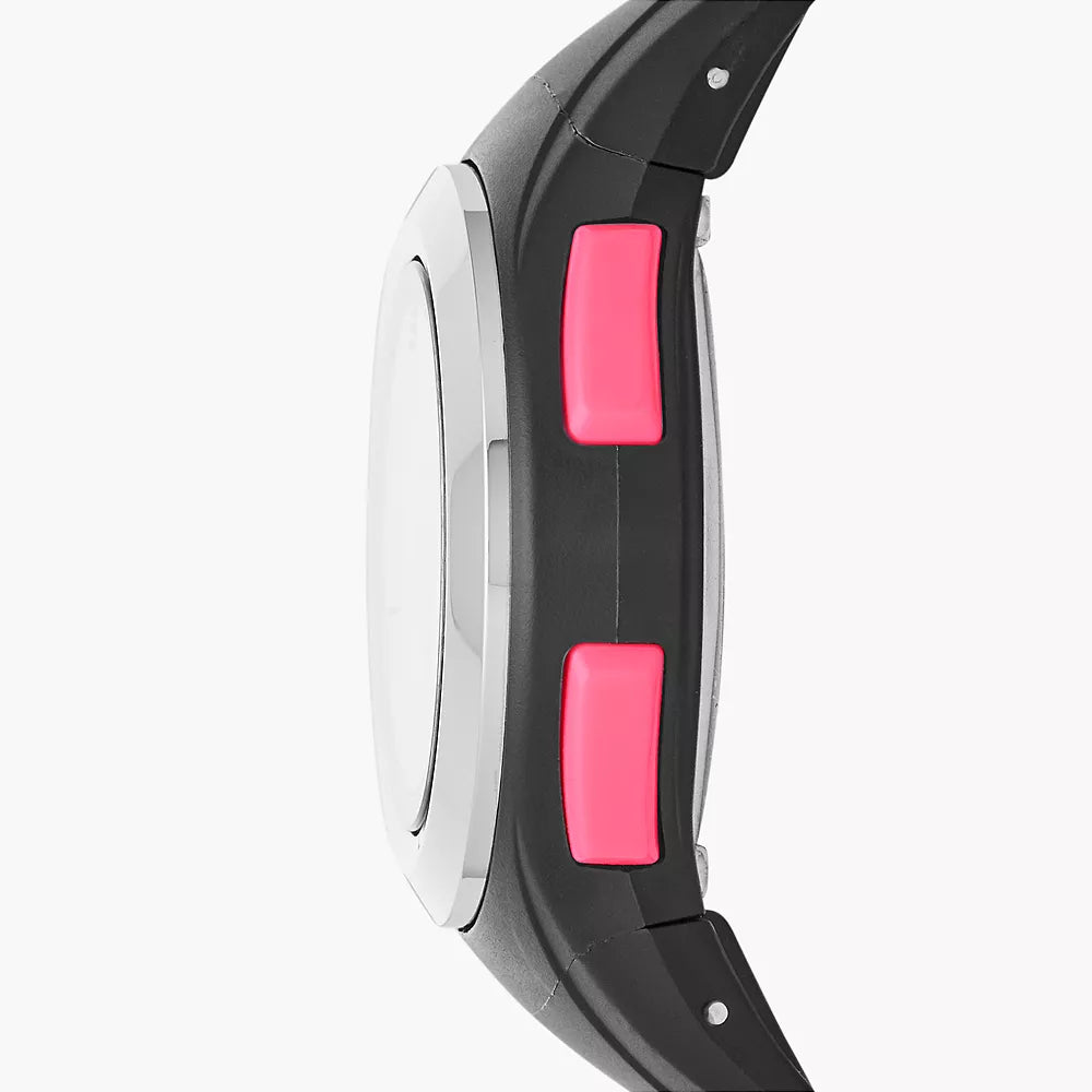 Reloj digital Skechers Tennyson para mujer, correa negra y rosa, 33 mm, esfera plateada