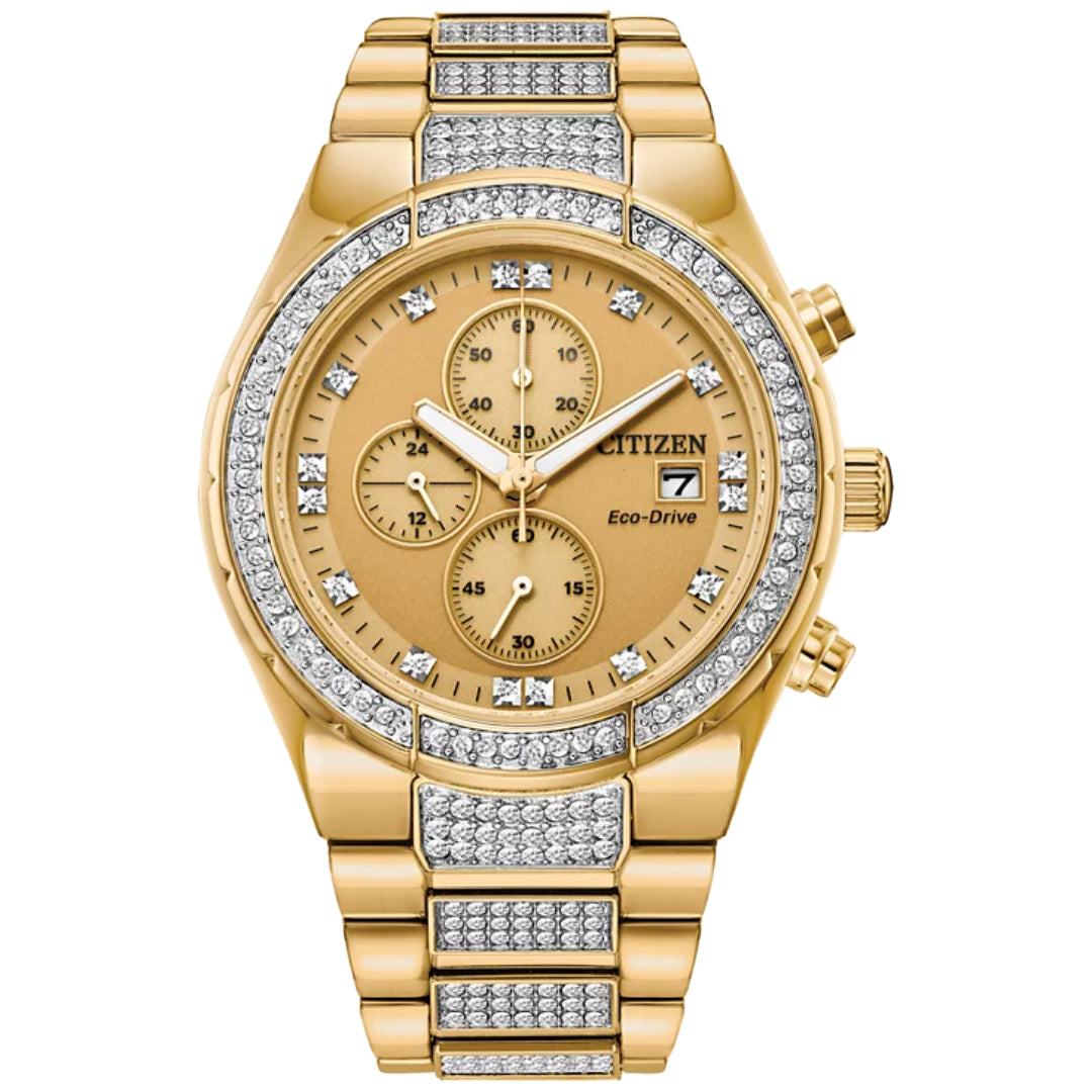 Citizen Eco-Drive Men's Chronograph Crystal Gold-Tone Stainless Steel Bracelet Watch 42mm Gift Set