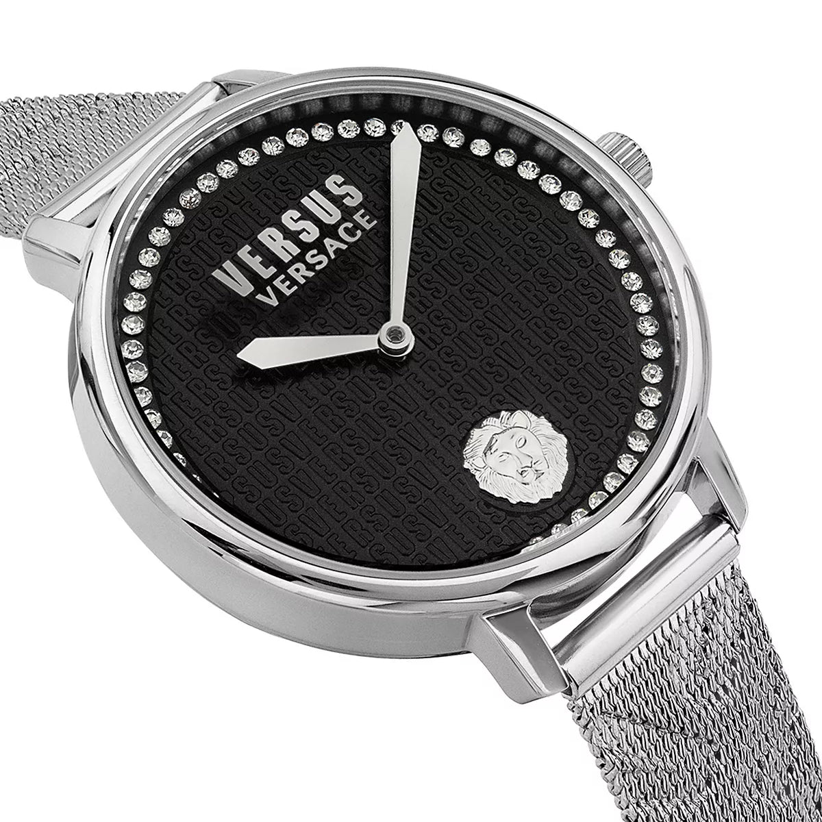 Versus Versace Lavillette Crystal Women's 36mm Two-Hand Silver Bracelet Watch - Black Dial