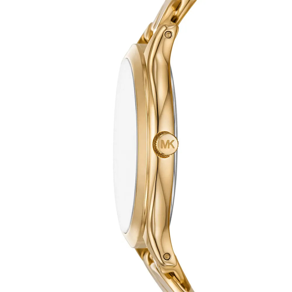 Reloj Michael Kors Slim Runway para mujer, de 38 mm, con pulsera de eslabones curvos en oro y esfera blanca