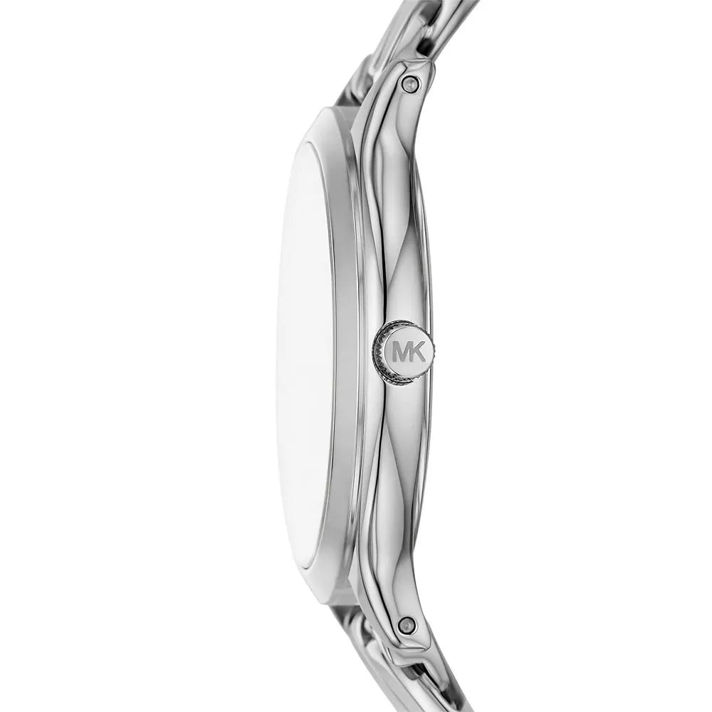 Reloj Michael Kors Slim Runway para mujer, de 38 mm, con pulsera de eslabones curvos en plata y esfera blanca