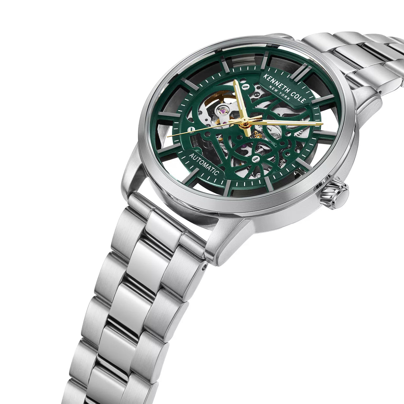 Reloj automático de cuarzo con pulsera plateada de 44 mm para hombre de Kenneth Cole, esfera verde