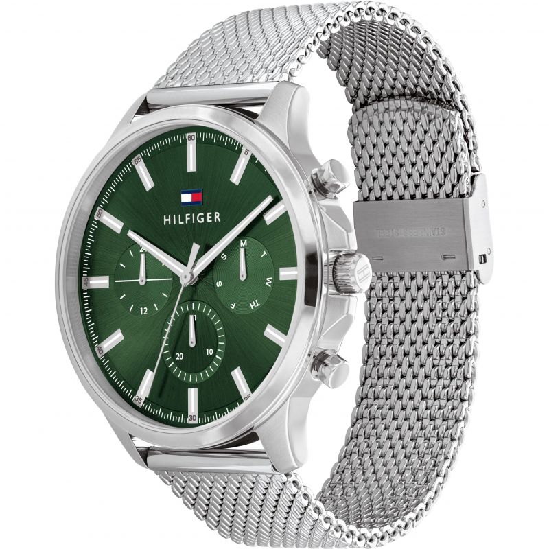 Reloj de cuarzo con pulsera de malla de acero inoxidable de 44 mm para hombre de Tommy Hilfiger Ryder, esfera verde