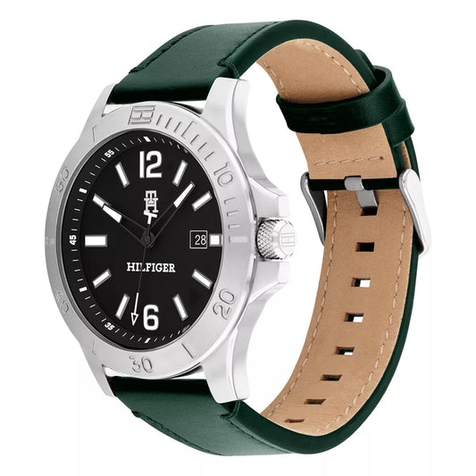 Reloj de cuarzo Tommy Hilfiger para hombre, correa verde, 46 mm, esfera negra