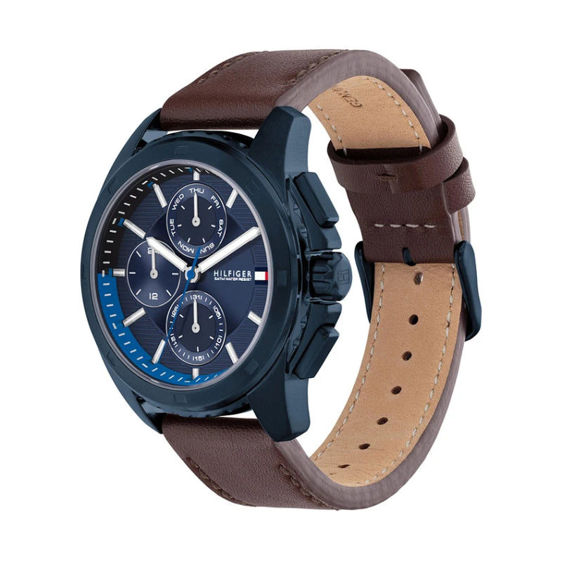 Reloj Tommy Hilfiger para hombre con correa marrón de 44 mm y esfera azul