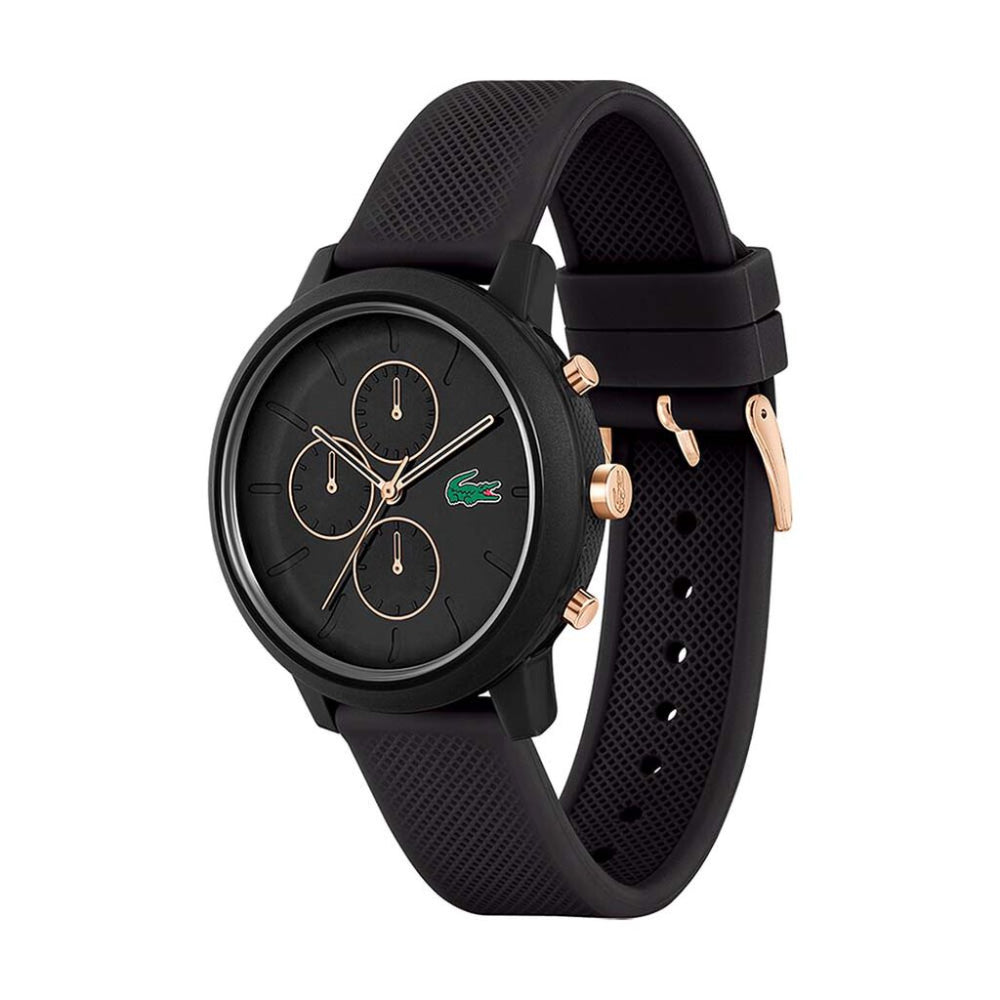 Reloj Lacoste 12.12 Chrono para hombre, correa de cuarzo de 43 mm, silicona negra