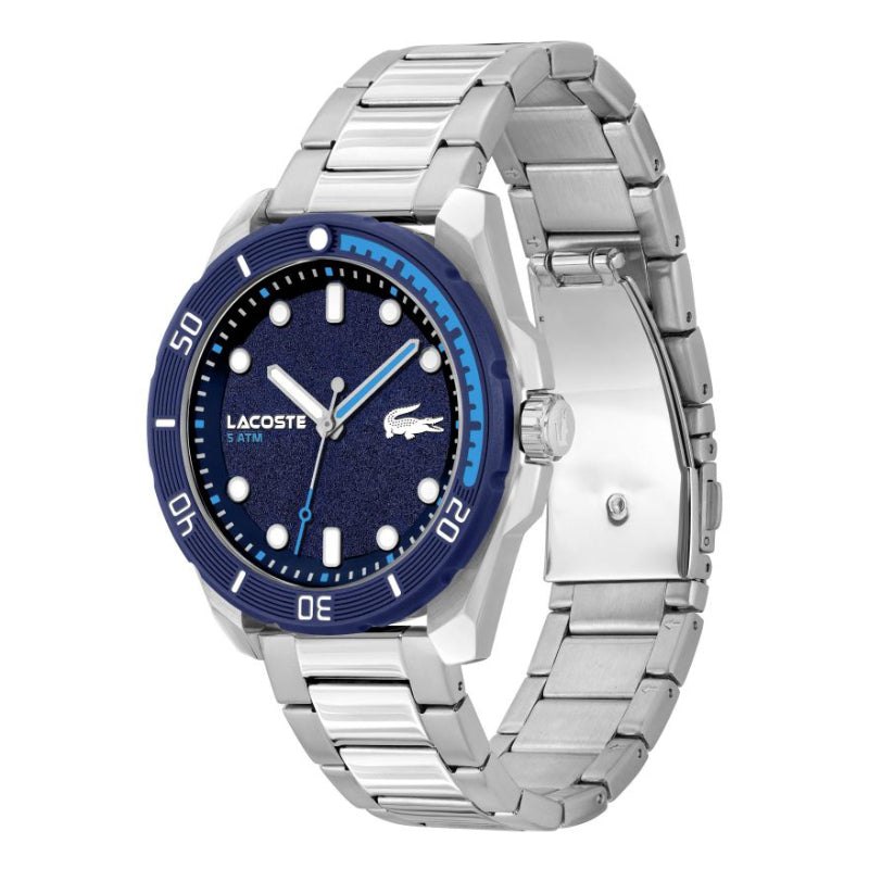 Reloj Lacoste Finn para hombre, de 44 mm, con pulsera plateada y esfera azul