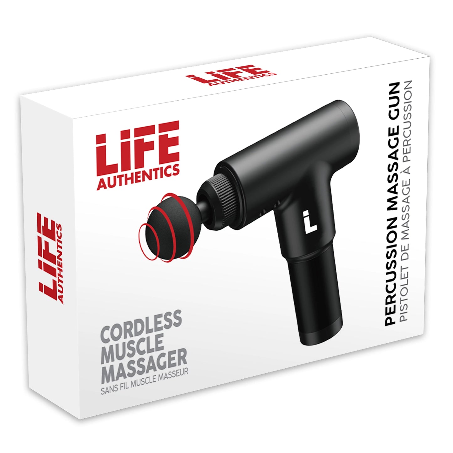 Pistola de masaje inalámbrica Life Authentics con 4 cabezales de masaje, color negro