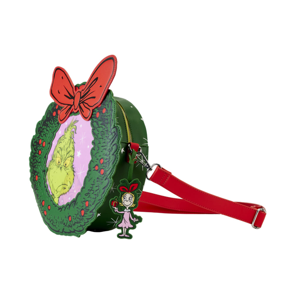 Bolso bandolera con corona de flores de la colección Dr. Seuss' How the Grinch Stole Christmas! de Loungefly