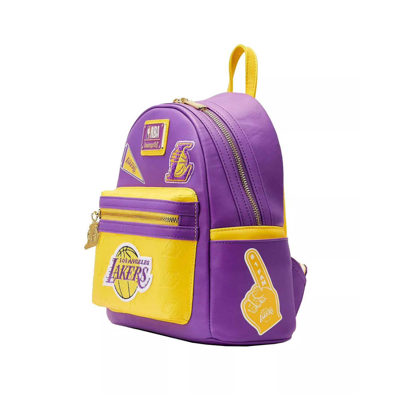 Mochila pequeña Loungefly de poliuretano con parches de los Lakers de la NBA de 10" en morado