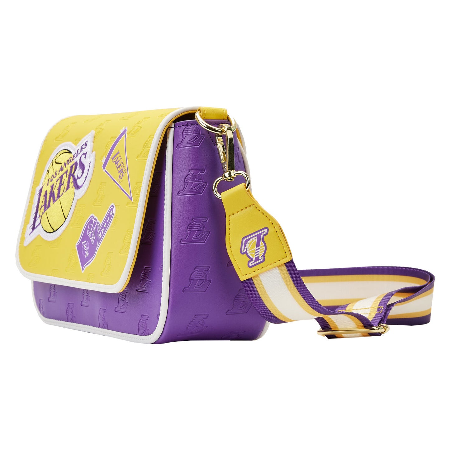 Bolso bandolera Loungefly de 7" con parches de la NBA Los Angeles Lakers en piel sintética, morado y amarillo