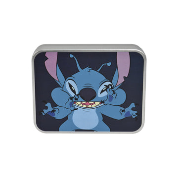 Cartera plegable de Stitch de Disney en un estuche de hojalata decorativo