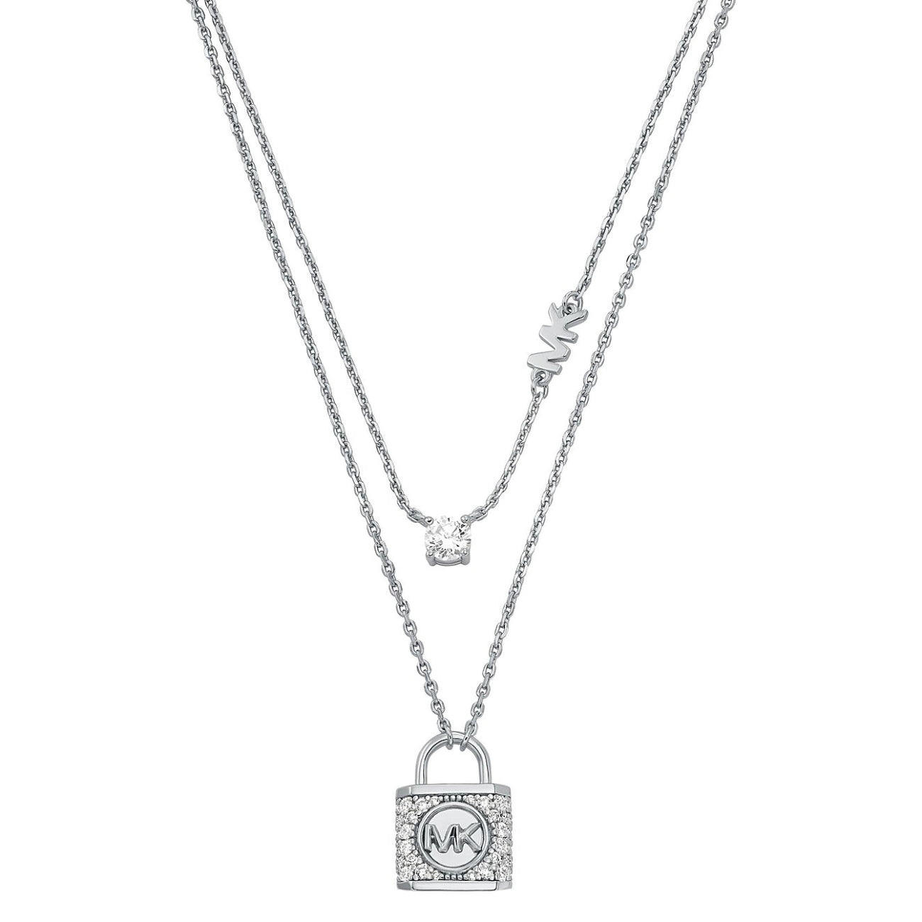 Michael Kors Women's Cubic Zirconia Double Layered Pave Lock Necklace in Sterling Silver