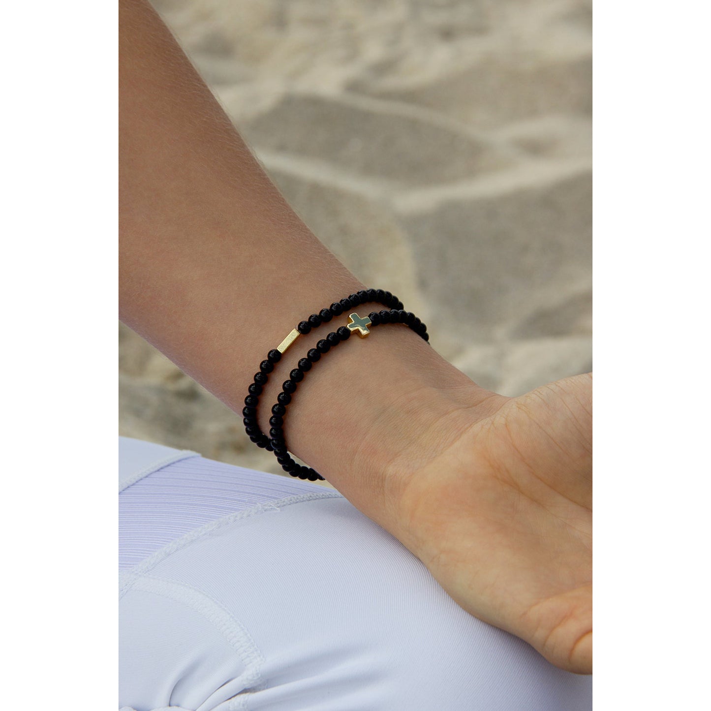 Charged Women's Onyx & Gold Elastic Bracelet (Set of 2) - Small/Medium