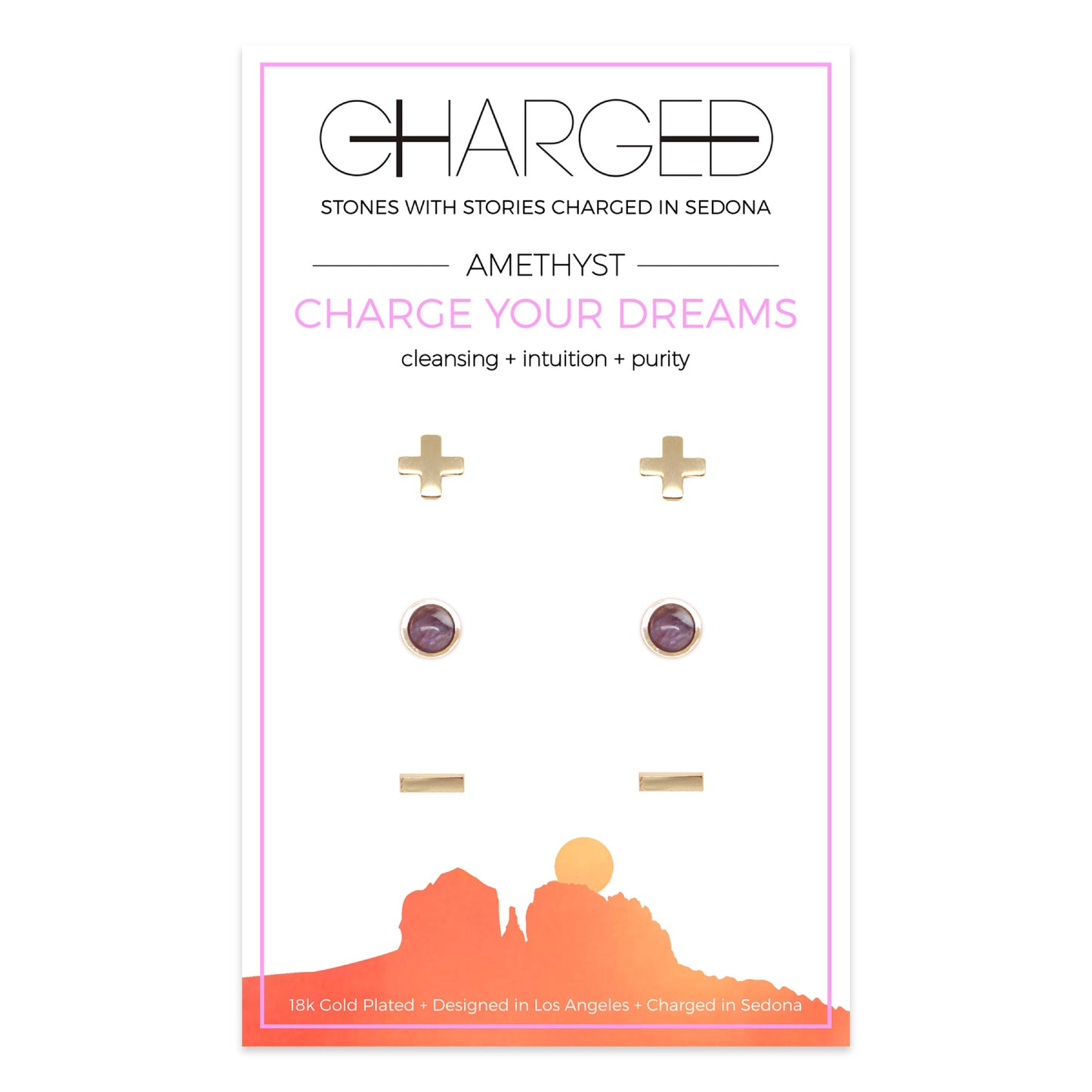 Charged Women's 18K Gold Plated Amethyst Stud Earrings (Set of 3)