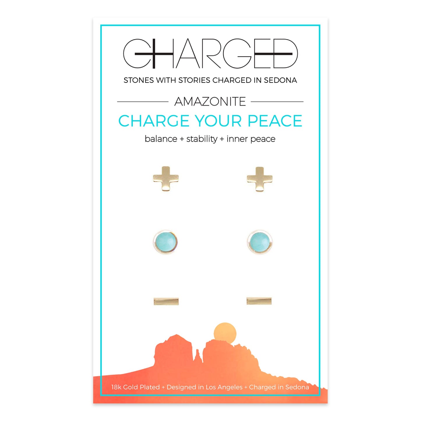 Charged Women's 18K Gold Plated Amazonite Stud Earrings (Set of 3)