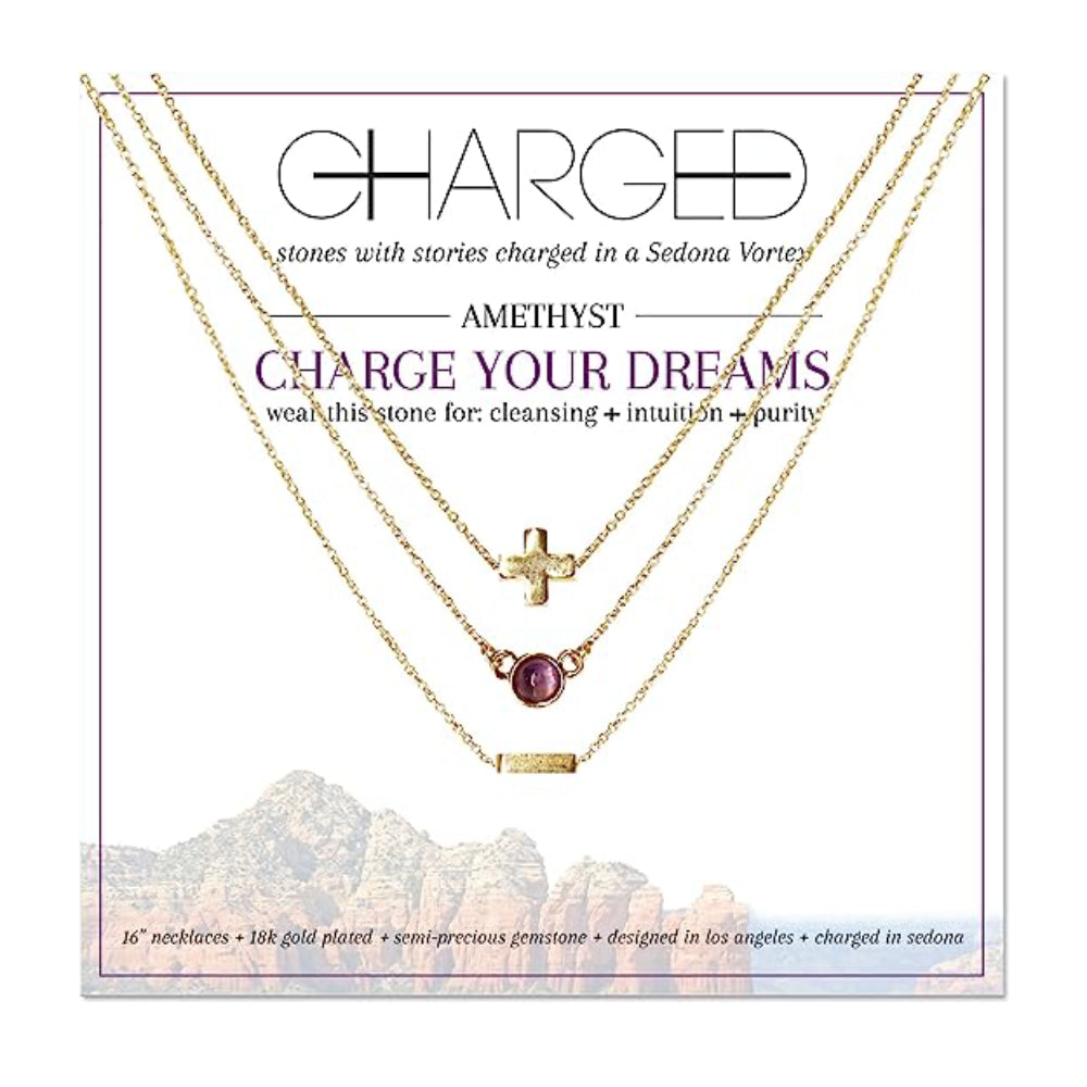 Charged 16" Amethyst & 18k Gold Plated Necklace (Set of 3)