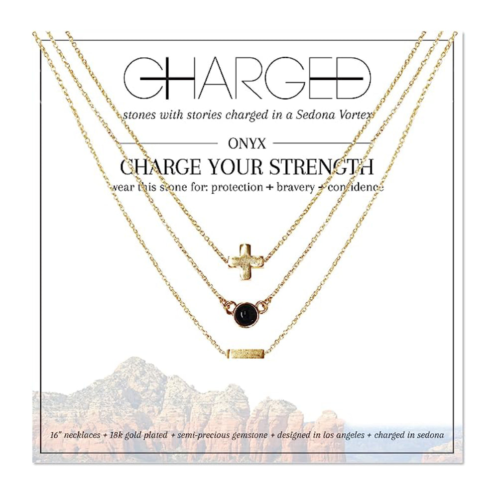 Charged 16" Onyx & 18k Gold Plated Necklace (Set of 3)