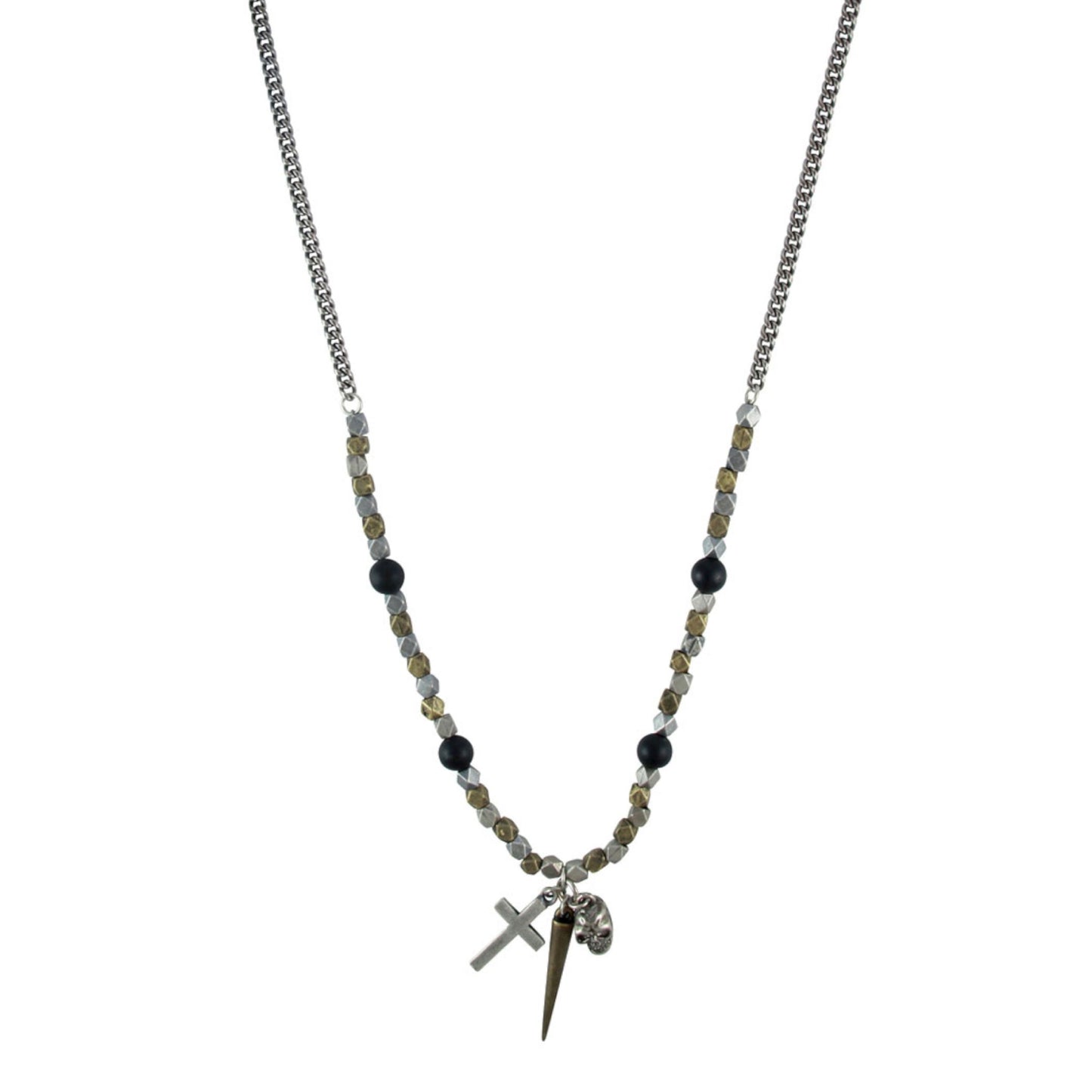 Mr. Ettika Men's Faceted Bead Necklace with Spike, Cross and Skull