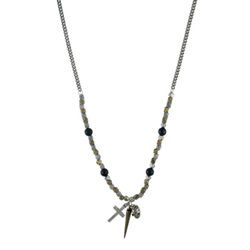Mr. Ettika Men's Faceted Bead Necklace with Spike, Cross and Skull in Metal