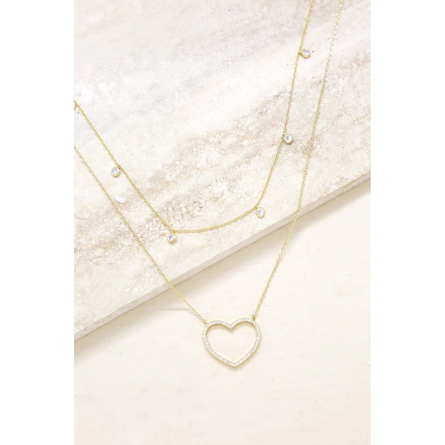 Ettika Crystal Heart and Drop Layered 18k Gold Plated Necklace (Set of 2)