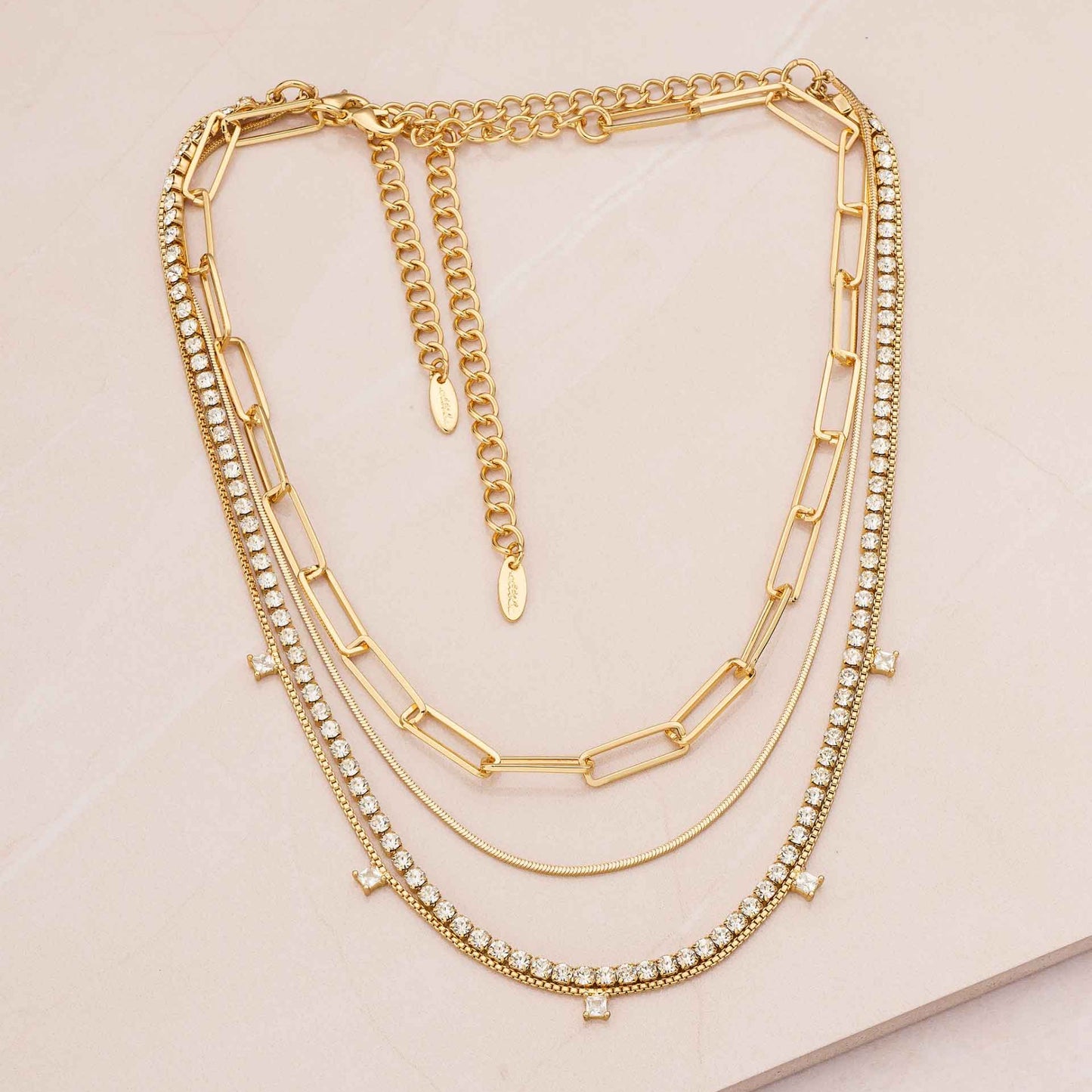 Ettika 15" Mixed Chain and Crystal Necklace (Set of 2) in 18k Gold Plate Over Brass and Steel