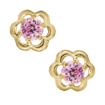 Marathon Women's Cubic Zirconia Pink Open Flower Earrings in 14K Yellow Gold