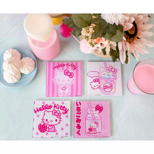 Posavasos de vidrio con leche de fresa de Hello Kitty de Sanrio (juego de 4) - Rosa