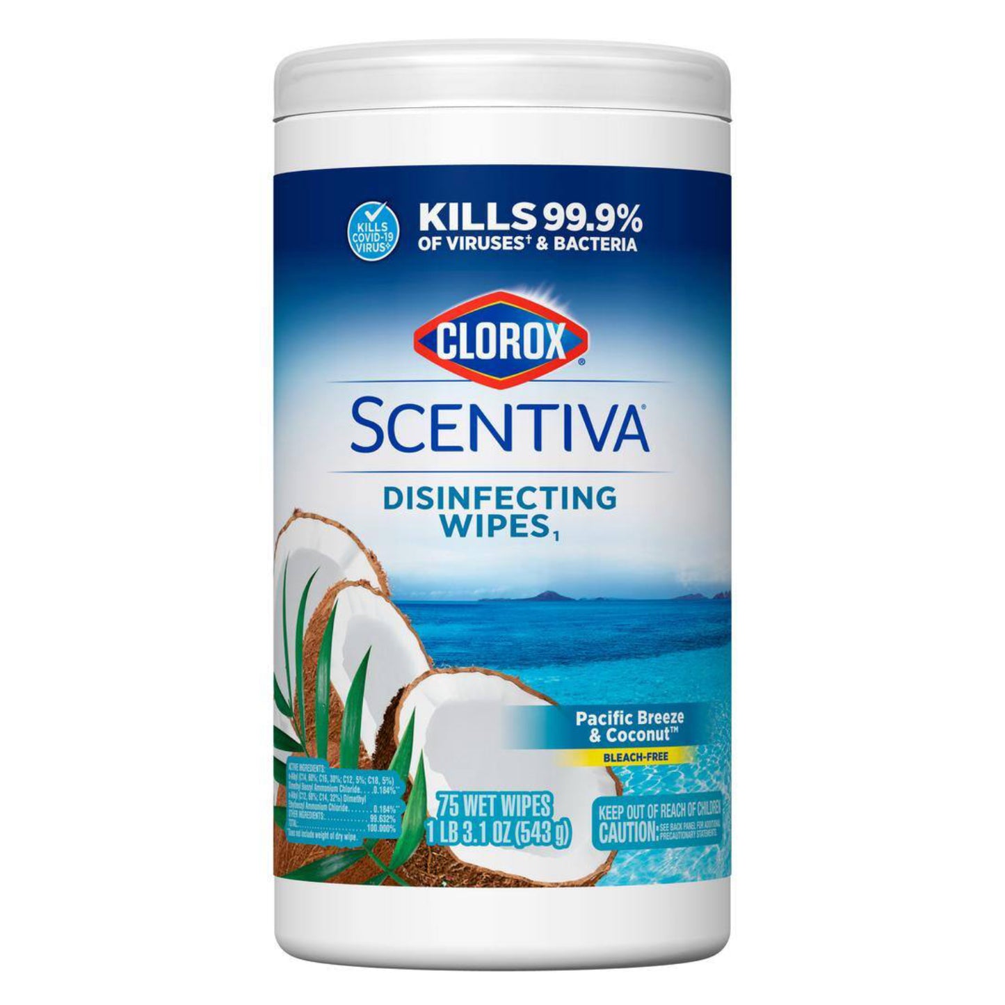 Toallitas desinfectantes sin blanqueador Clorox Scentiva Pacific Breeze y Coconut (75 unidades)