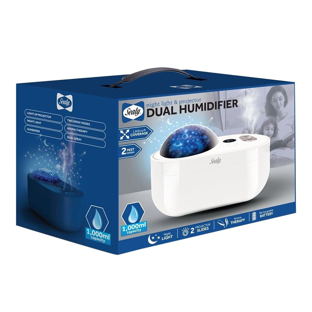 Humidificador de doble pulverización Sealy con luz nocturna y proyector, color blanco