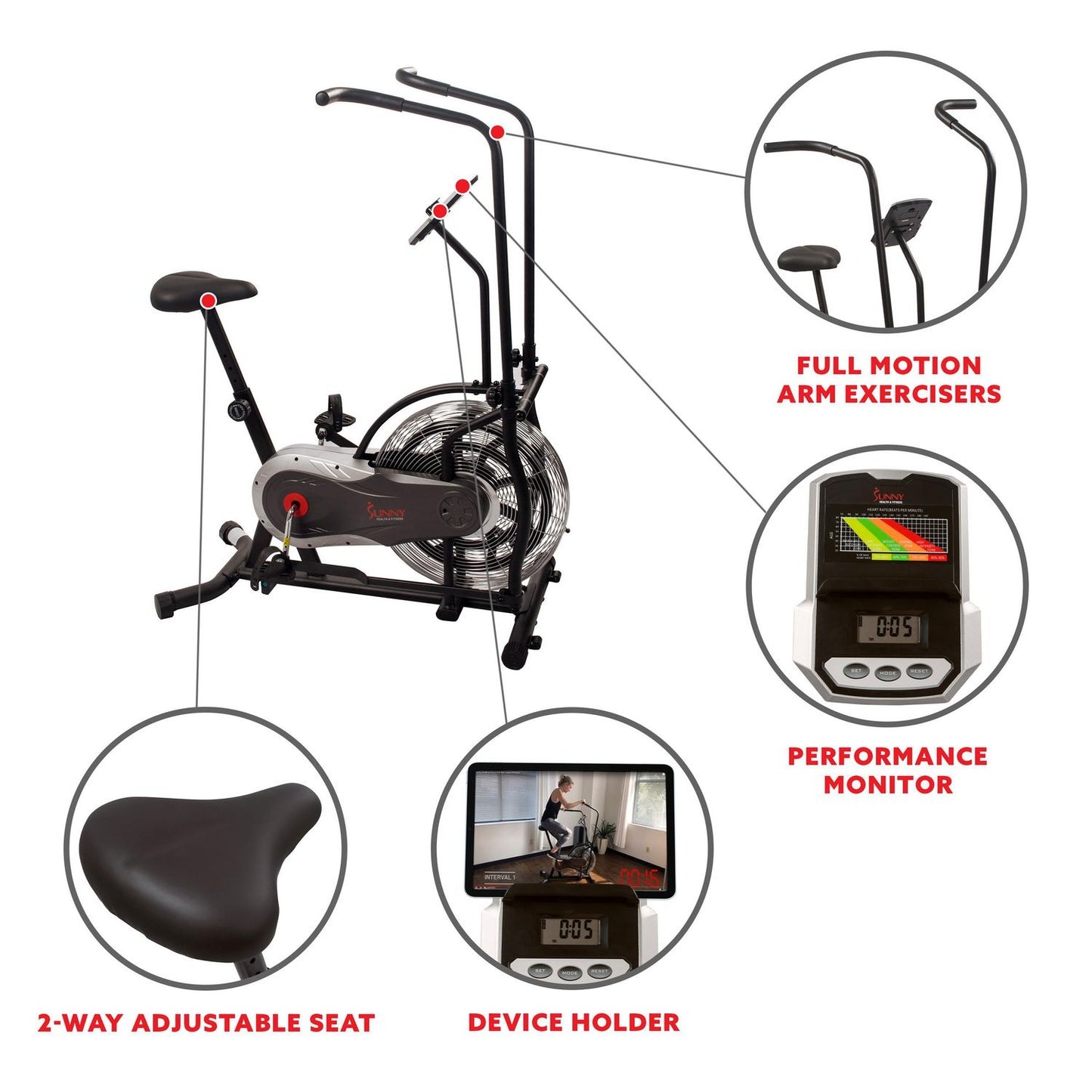 Bicicleta estática con ventilador y resistencia de aire Sunny Health &amp; Fitness