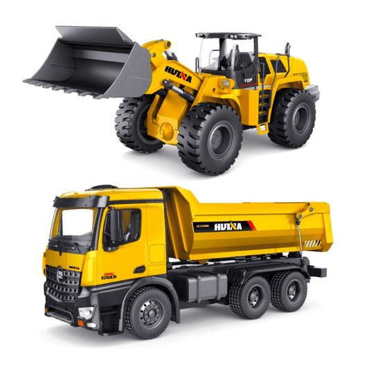 Huina Bundle: Front Loader 1583 1:14 10-Channels Bulldozer Metal 2.4Ghz + Construction Truck 1582 1:14 10-Channels Fully Alloy Metal 2.4GHz