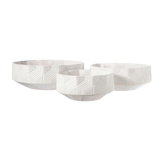 Urban Trends Collection Ceramic Round Pot with Uneven Rim Mouth and Line (Set of 3) - White