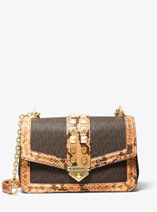 Michael Kors Large Studded Snake Embossed Leather & Logo Shoulder Bag - Cantaloupe