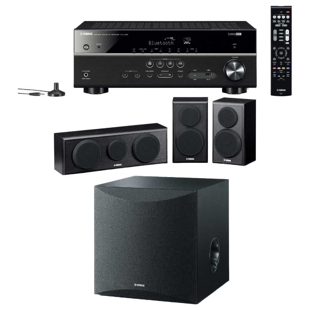 Bundle: Yamaha RX-V385 5.1-Channel Home Theater Receiver with Remote + Yamaha NS-P150PN Center and Surround Speaker Package + Yamaha NS-SW050 8" 100W Subwoofer