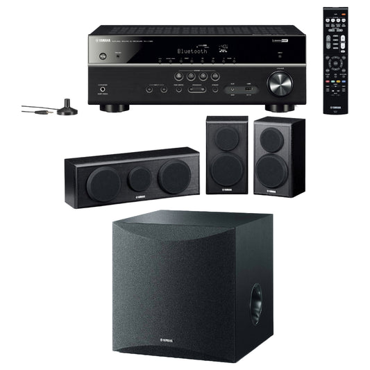 Paquete: receptor de cine en casa de 5.1 canales Yamaha RX-V385 con control remoto + paquete de altavoces envolventes y centrales Yamaha NS-P150PN + subwoofer Yamaha NS-SW050 de 8" y 100 W