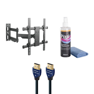 Bundle: Lumi Heavy-Duty Full-Motion TV Wall Mount - Black + Pixel 2 in 1 Screen Cleaner Kit + AudioQuest BlueBerry 2.5 ft In-wall HDMI Cable - Blue/Black