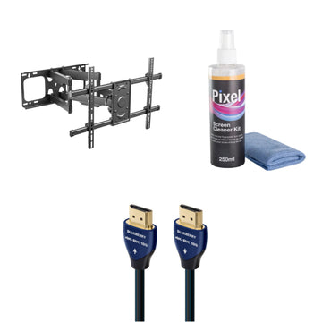 Bundle: Lumi Heavy-Duty Full-Motion Wall Mount for 37" to 90" TV - Black + Pixel 2 in 1 Screen Cleaner Kit + AudioQuest BlueBerry 2.5 ft In-wall HDMI Cable - Blue/Black