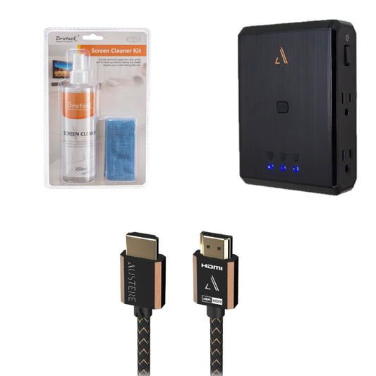 Bundle: Austere III Series 4.9' 4K Black HDMI Cable  + Austere III Series Wall Tap Black Surge Protector with 4 Outlet +  2-in-1 Screen Cleaner Kit