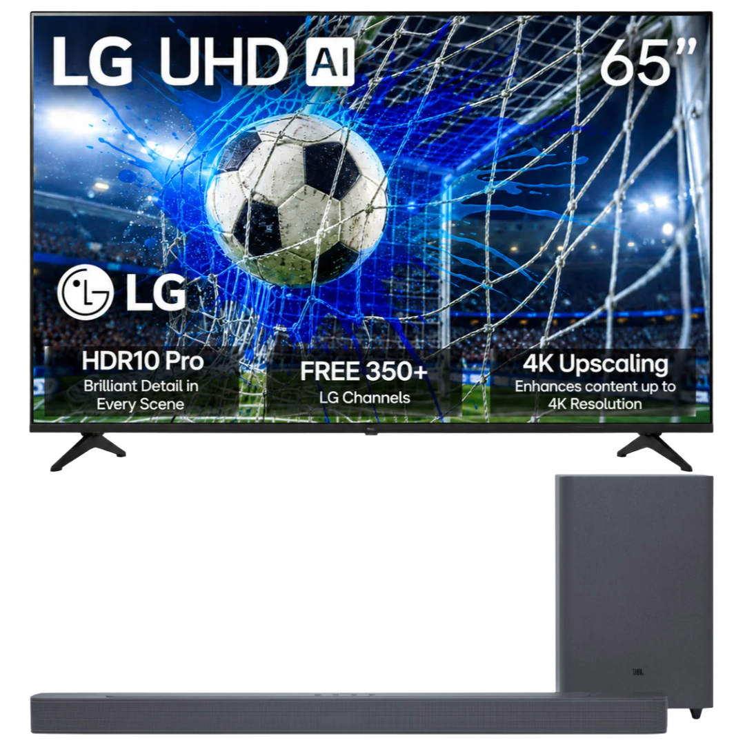 Bundle: LG 65" Class UA77A UHD 4K AI Smart WebOS TV + JBL Deep Bass MK2 2.1-Channel Soundbar System with Wireless Subwoofer - Black