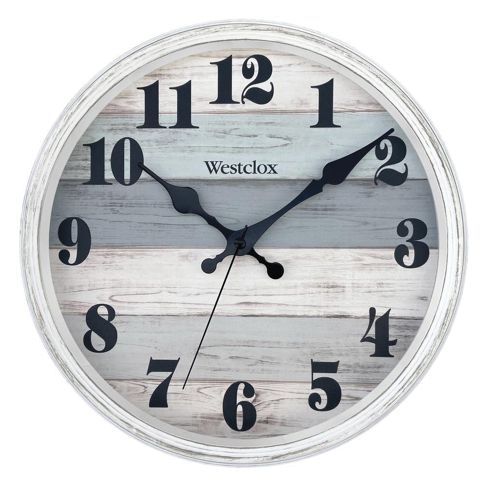 Reloj de pared redondo con esfera de veta de madera de 11" de Westclox Antique en plástico, color blanco