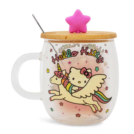 Sanrio Hello Kitty 17 oz Glass Mug With Star Topper Lid and Spoon - Multicolor