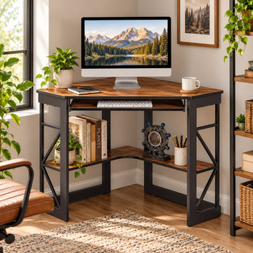 Space-Saving Corner Computer Desk with Keyboard Tray by Black Widow