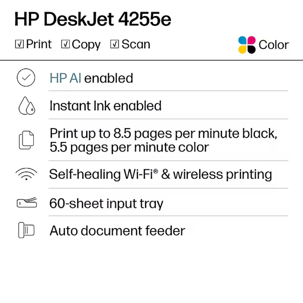 HP DeskJet 4255e Wireless All-in-One Printer - White