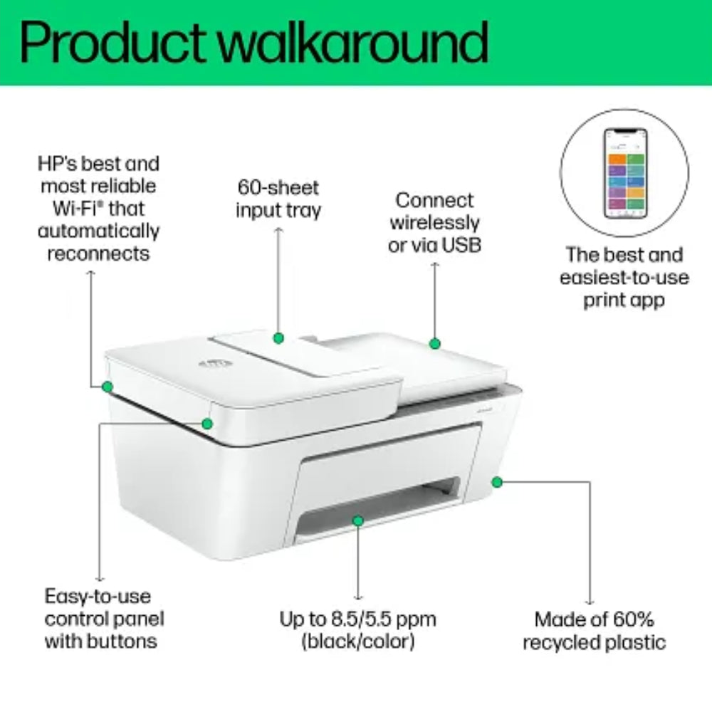 HP DeskJet 4255e Wireless All-in-One Printer - White
