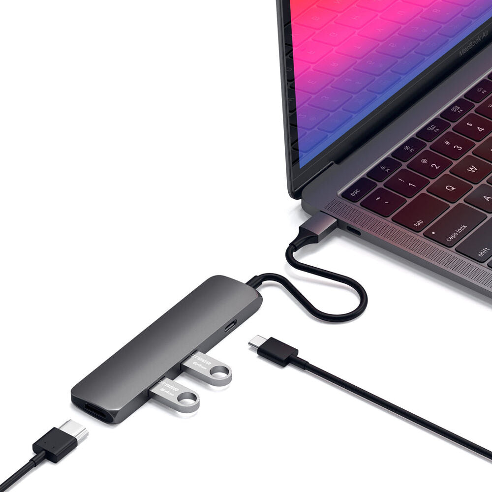 Paquete: Adaptador multipuerto USB tipo C Slim 4K de Satechi + Mouse inalámbrico Satechi M1 + Teclado retroiluminado Bluetooth Slim X3 de Satechi + Soporte plegable con bisagra Satechi R1