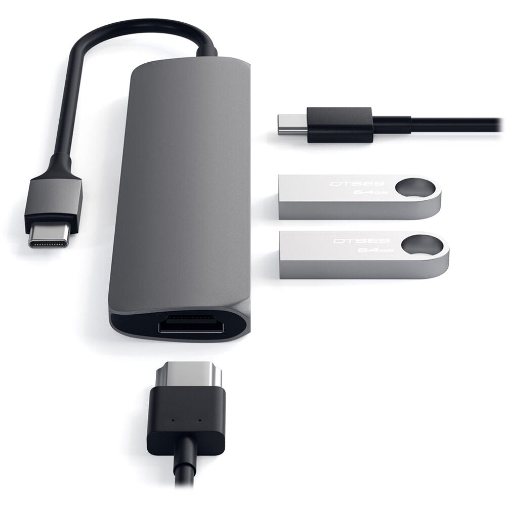 Paquete: Adaptador multipuerto USB tipo C Slim 4K de Satechi + Mouse inalámbrico Satechi M1 + Teclado retroiluminado Bluetooth Slim X3 de Satechi + Soporte plegable con bisagra Satechi R1