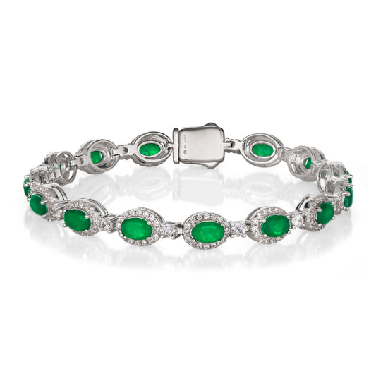 Anna Zuckerman Victoria 18 Women's 7.5" 8.75 ct. Diamond Crystalline and Emerald Gem Art Deco Bracelet in Platinum-Plating over 925 Sterling Silver