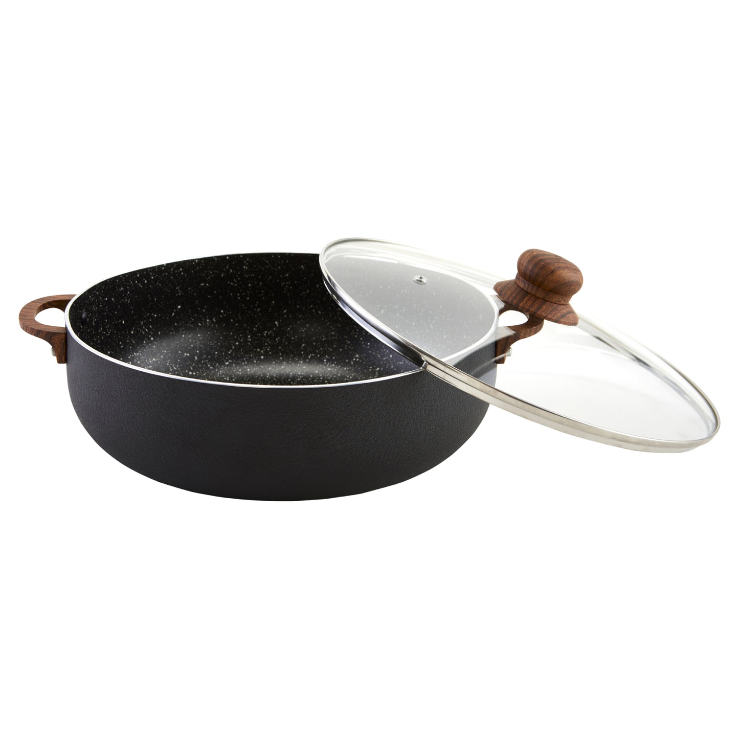 IMUSA 4.4 Quart Speckled PTFE Non-Stick Caldero with Glass Lid and Wood Look Handles - Black